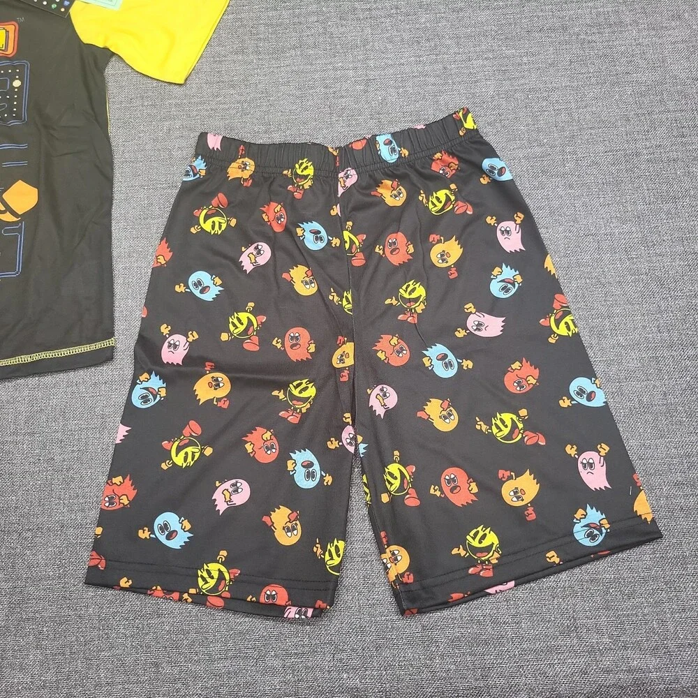 Boys Pac-Man Short Sleeve Top Shorts Pajama Set with Slide Sandals Black Size 8